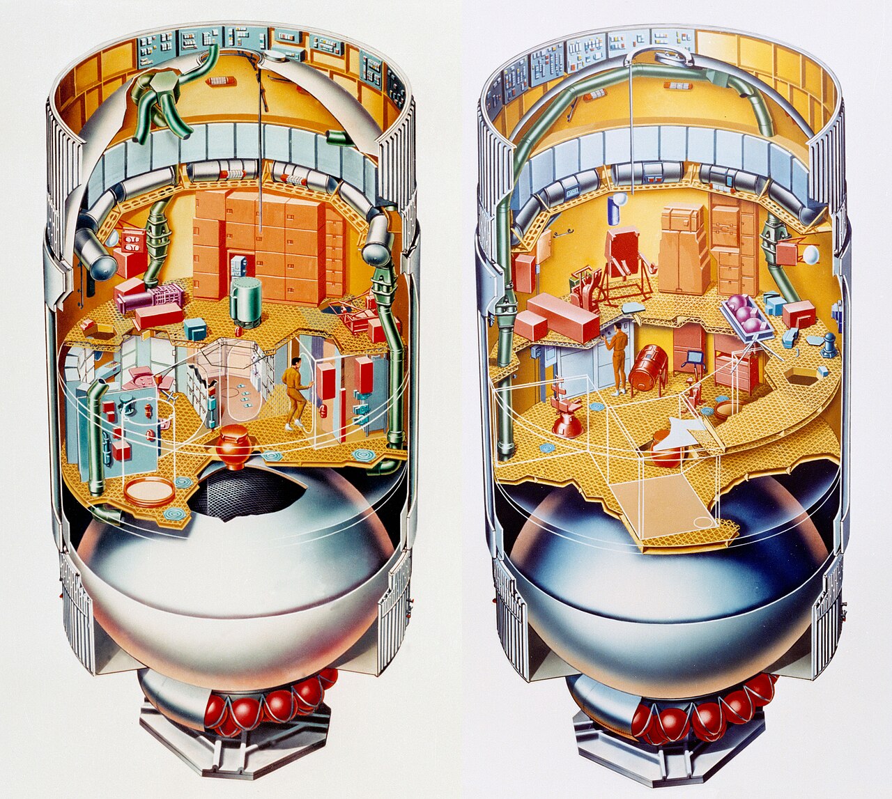 Two cutaway views of the Skylab orbital workshop showing living and working quarters